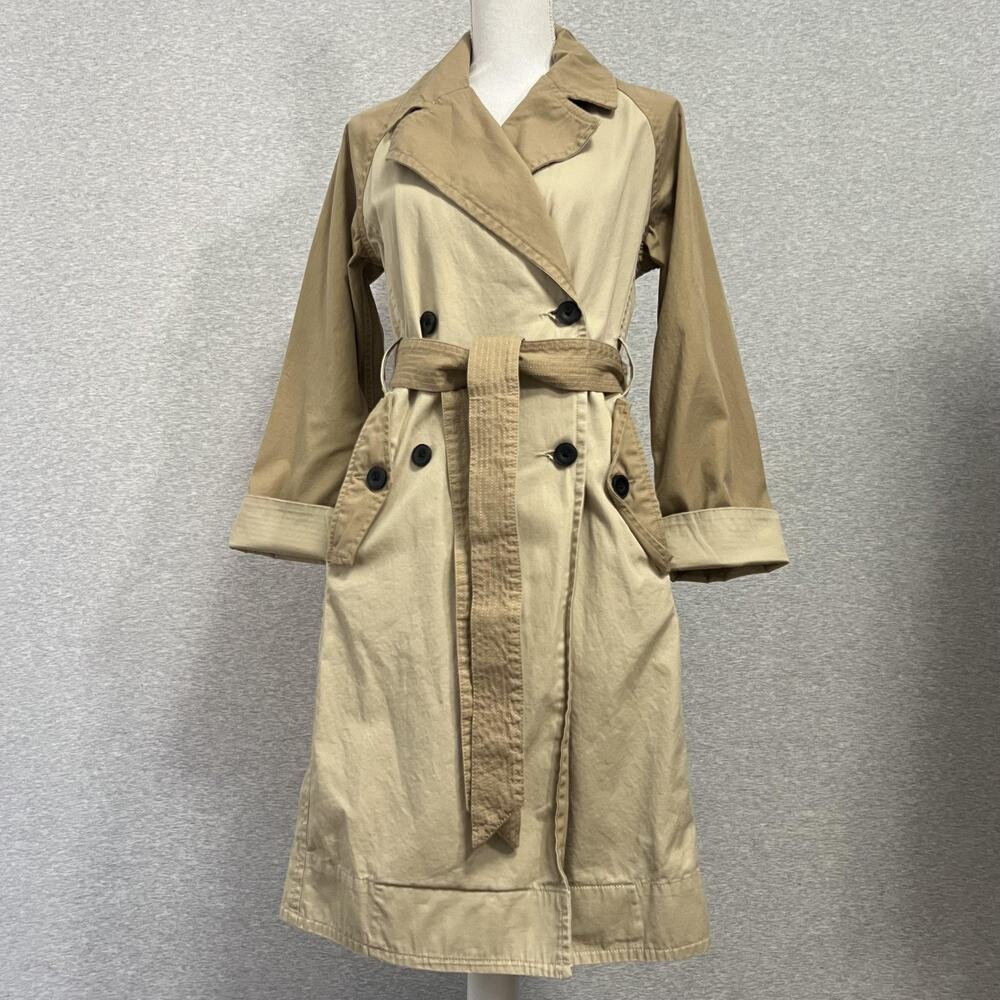 Free Assembly Trench Coat Womens XS Khaki Colorblock Double Breasted Belted - Picture 10 of 15